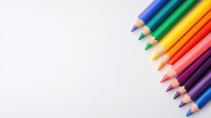 Fototapeta premium Top view of rainbow chalks creating a diagonal pattern on a smooth white background