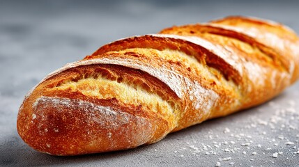 Freshly baked crusty artisan bread loaf with golden brown crust and slashed top sitting on a flour-dusted surface perfect for breakfast or bakery display
