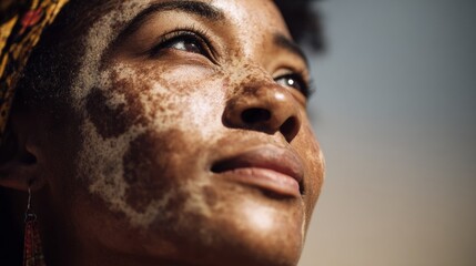 Young adult cisgender woman with medium skin and vitiligo wears a headscarf with an earring looking upwards against a blurred background in daylight photography