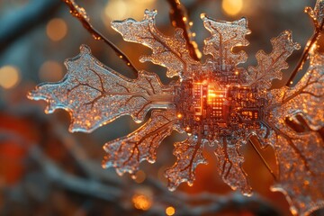 A mesmerizing image of a circuit board embedded within an intricately detailed ice snowflake, showcasing a fusion of nature and technology.