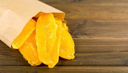 Dried mango slices in brown paper bag