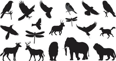 Wild animals and birds silhouette illustration with deer, lion, elephant, fox, dragonfly, flying crow, nature vector