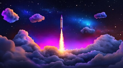 Vibrant rocket ascending into a starry night sky, bright flames trailing as swirling clouds glow beneath the launch.