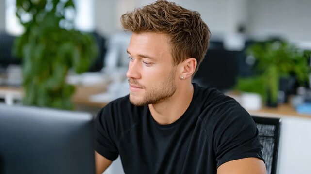 Focused at Work: A portrait of a thoughtful individual concentrating on their computer in a professional workspace environment. Capturing the essence of work ethic and determination