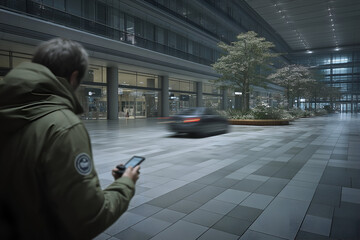 Person Using Tablet in Urban Space with Car Motion Blur, motion blur Business concept, motion bokeh background
