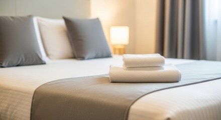 Comfortable hotel room bed with fresh towels and pillows for a relaxing stay