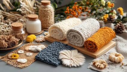 Rolled knitted fabrics, dried flowers, and natural materials displayed on a gray surface