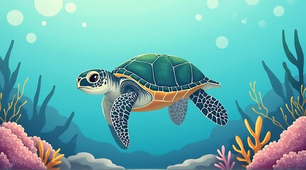A sea turtle swims gracefully in clear turquoise water, surrounded by colorful coral and seaweed.