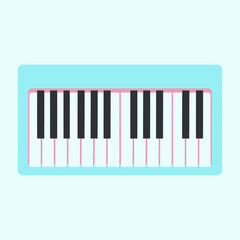 Fototapeta premium Pastel blue toy piano keyboard with pink details in a flat vector illustration style, centered and isolated on a light background