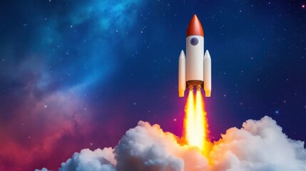 Fototapeta premium Vivid rocket propelling skyward into a universe of stars, dense clouds below swirling with color and light.