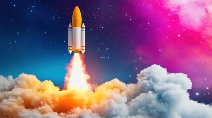 Naklejka premium Vivid rocket propelling skyward into a universe of stars, dense clouds below swirling with color and light.