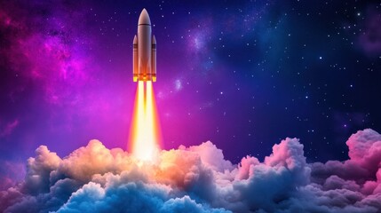 Fototapeta premium Vivid rocket propelling skyward into a universe of stars, dense clouds below swirling with color and light.