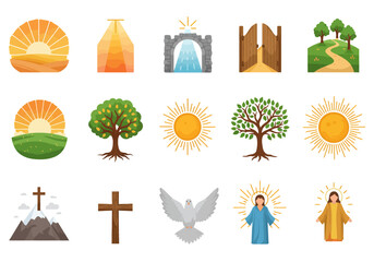 Fifteen Christianthemed icons including crosses trees suns a dove gates and people with halos