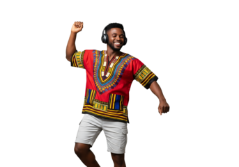 Joyful African man in traditional shirt dances listening to music on headphones, radiating positive energy and cultural pride, a vibrant celebration of heritage
