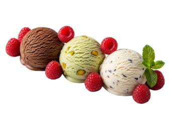 Gourmet dark chocolate, pistachio, vanilla bean ice cream scoops on white plate with fresh raspberries, mint sprig, seamless transparent background, commercial dessert concept.