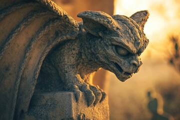 A weathered gargoyle statue perches on a stone, its wings outstretched in a gothic setting bathed in golden sunlight.
