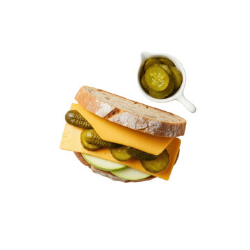 Artisan ploughman's sandwich, rustic bread, sharp cheddar, branston pickle, green apple, white plate, isolated transparent, commercial food concept.