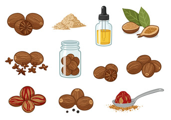 Nutmeg set Whole nuts ground spice oil mace and inshell variants