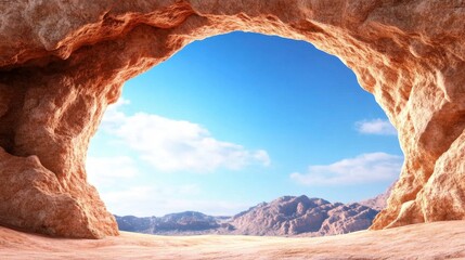 Wide view of desert arch formation, blue sky peeking through center with light haze