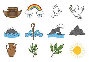 Naklejka premium Religious clip art includes ark rainbow dove staff water pitcher olive branch sun and mountains