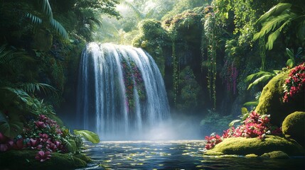 A tropical rainforest waterfall surrounded by lush flowering vines and mossy rocks