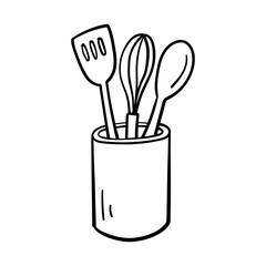Hand-Drawn Kitchen Utensil Holder with Spatula, Whisk, and Spoon. Kitchen Utensils. 