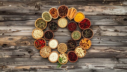 Spices arranged in a circle on wood