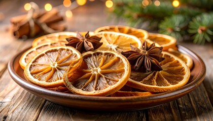 Dried orange slices and anise stars on a plate, festive background