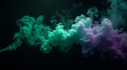 Swirling plumes of vibrant green, blue, and purple smoke against a dark background, creating an ethereal and abstract effect.