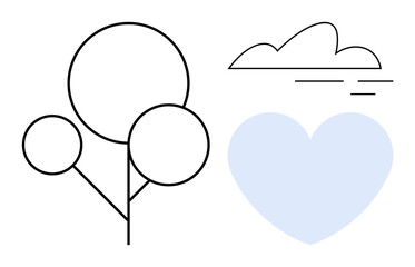 Tree with circular shapes, light blue heart, and simple cloud drawing with lines. Ideal for nature, love, environment, sustainability, simplicity wellness and harmony. Simple flat metaphor