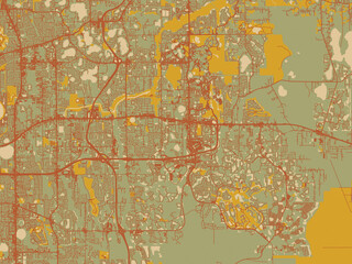 Stylized minimalist map of Alafaya, Florida in sage green ground with rust-red roads and ochre accents.