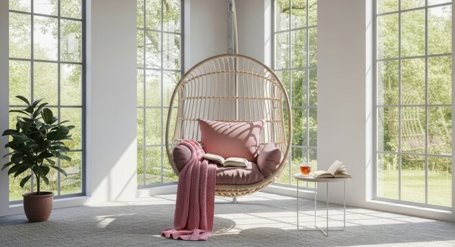 Relaxing modern hanging egg chair with pink accents by large sunlit windows - Powered by Adobe
