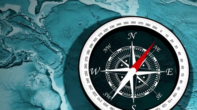 Close-up of navigational compass on blue background. nautical navigation tools. Compass, map, direction. black compass with nautical background. animation Modern Minimalist Compass Background.