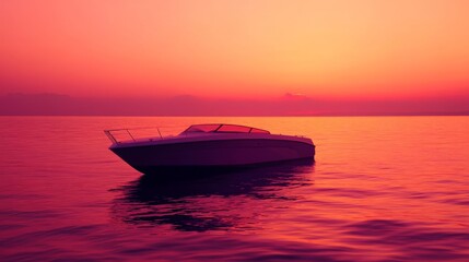 Fototapeta premium A serene boat bobbing on calm waters at sunset. The sky glows with vibrant hues of pink and purple. A perfect escape into tranquility. Generative AI