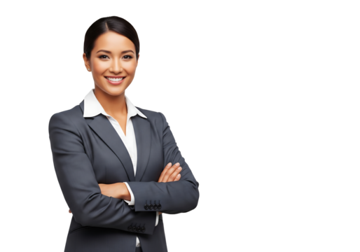 Confident businesswoman smiling with arms crossed, ready to lead her team to success in the competitive marketplace, showing determination and modern leadership