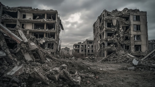 Post-apocalyptic city in ruins, once-busy downtown now deserted, high buildings damaged, streets overgrown, atmosphere cold and lifeless.