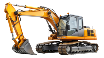 Yellow and Orange Excavator Machine on cutout png isolated on a transparent background