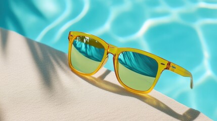 Yellow shades with mirrored lenses lying on fine sand beside a sparkling aqua pool with palm tree shadows