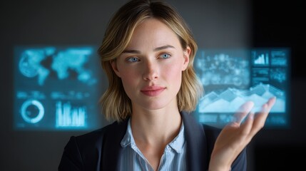 Businesswoman analyzing futuristic data visualization with holographic charts and map overlay, professional woman presenting analytic dashboard modern office, confident expression and soft lighting