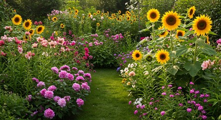 Lush flower garden with sunflowers and roses bathed in warm sunlight