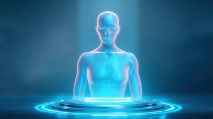 Holographic human figure projected above circular platform in futuristic blue light, glowing mesh body and digital grid, ambient fog and spotlight creating mysterious technological mood