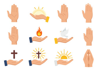 Set of icons with hands holding symbols like crosses flames doves suns and praying hands depicted in a flat cartoonish style