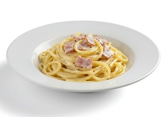 Delicious spaghetti carbonara on a white plate isolated on white background