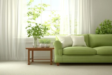 A tranquil living room scene features a light green couch, complemented by white accents and lush greenery, bathed in natural sunlight streaming through a window with sheer curtains.