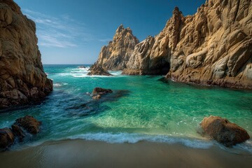 Obraz premium Stunning Rocky Beach with Clear Turquoise Water and Serene Atmosphere