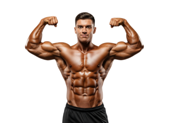 Strong physique of a bodybuilder flexing for fitness motivation, showcasing ideal muscle definition and a dedicated workout routine for athletic excellence