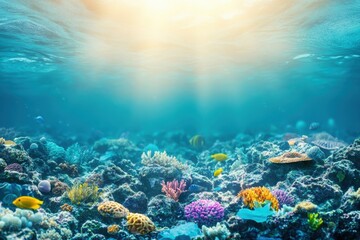 Naklejka premium Vibrant coral reef teeming with marine life under sunny water surface in a tropical ocean