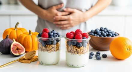 Woman holding stomach with pain surrounded by healthy foods concept