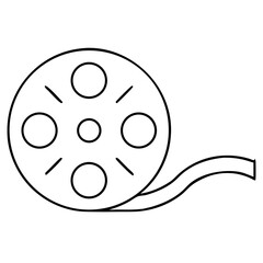 3d icon of a minimalist line drawing of a film reel with a ribbon of film extending to the side, symbolizing the process and history of filmmaking