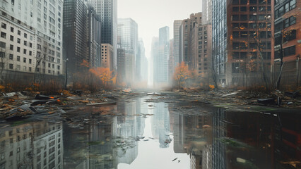 Wasted city with toppled structures and empty streets, dark post-apocalyptic vibe, concrete ruins, foggy atmosphere, lonely and quiet.